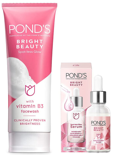 Pond's  Face Care combo - Bright Beauty Spot-less Glow Serum, Infused with Hyaluronic Acid, Vitamin B3, Gluta-Boost-C, 30ml + Spot-less Glow Face Wash with Vitamins, 200g